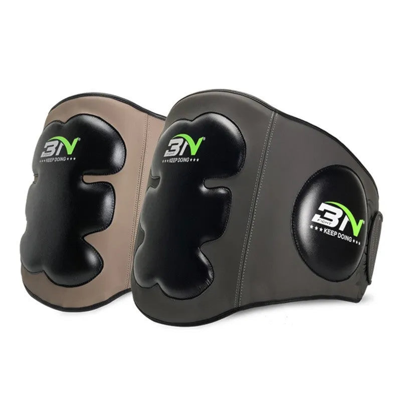 Sanda boxing chest protector target in dark grey colour showing waist protection design for martial arts training