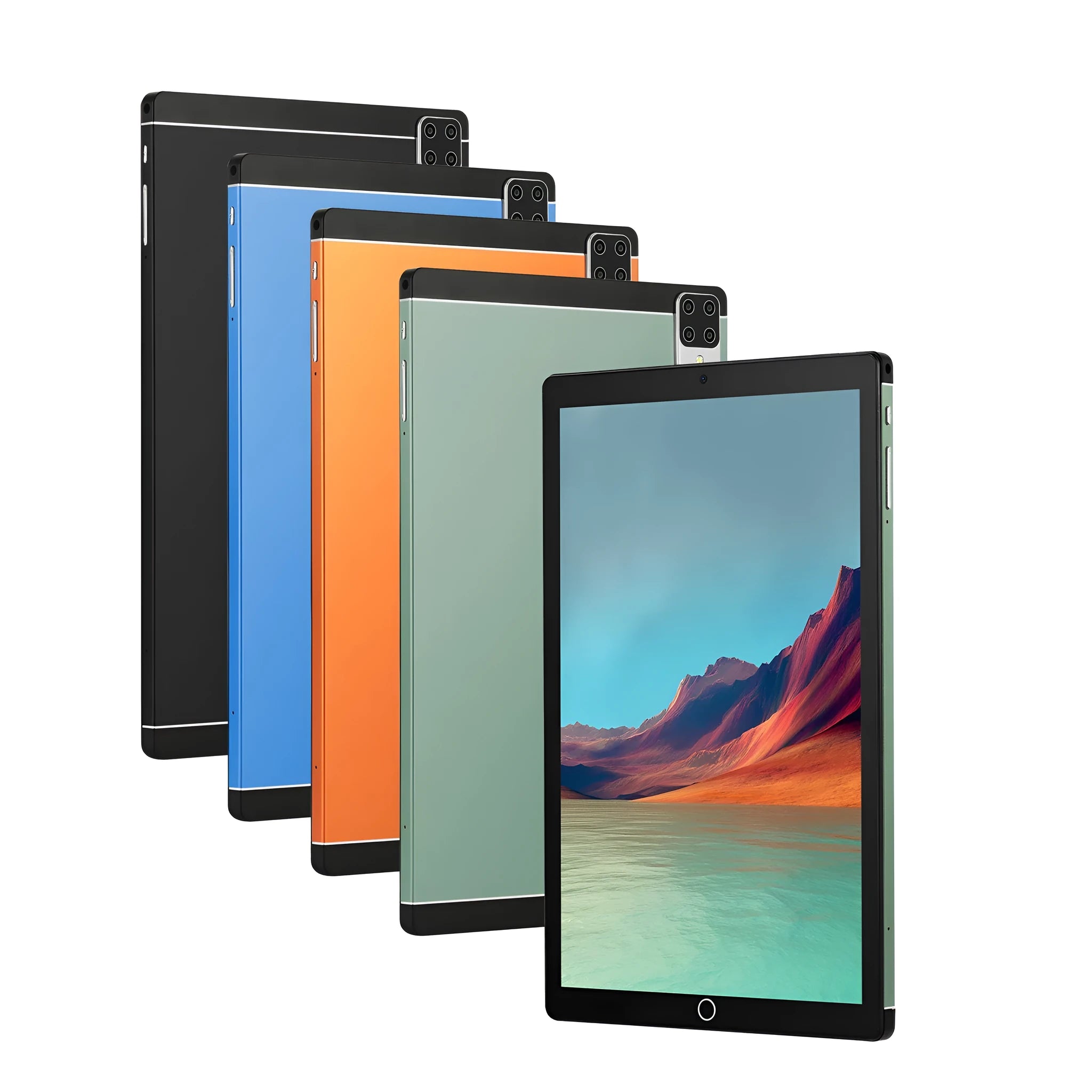 Android 15 tablet computer with 11.6-inch screen showing interface on black, blue, green, or orange device