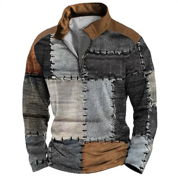Men's loose fit long sleeve T-shirt with retro colour printing and zip details on striped fabric