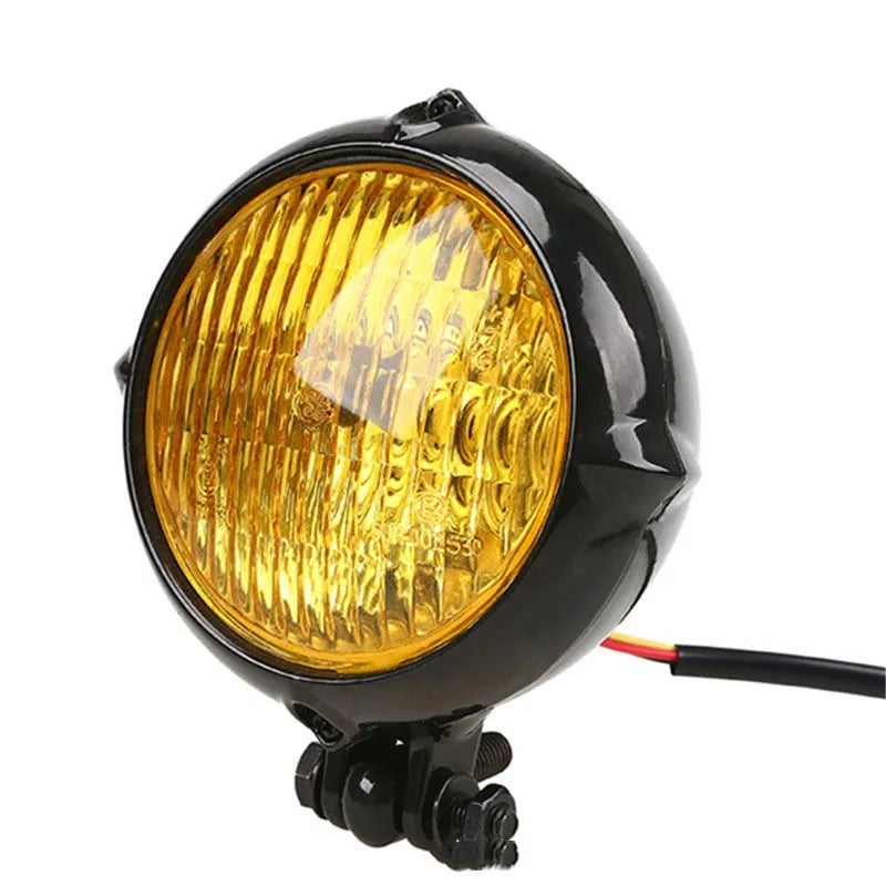Black retro motorcycle headlight with 8 cm diameter lens and cast aluminium housing