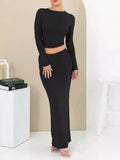 Women's autumn two-piece suit with three-quarter sleeve top and long skirt in pure colour options