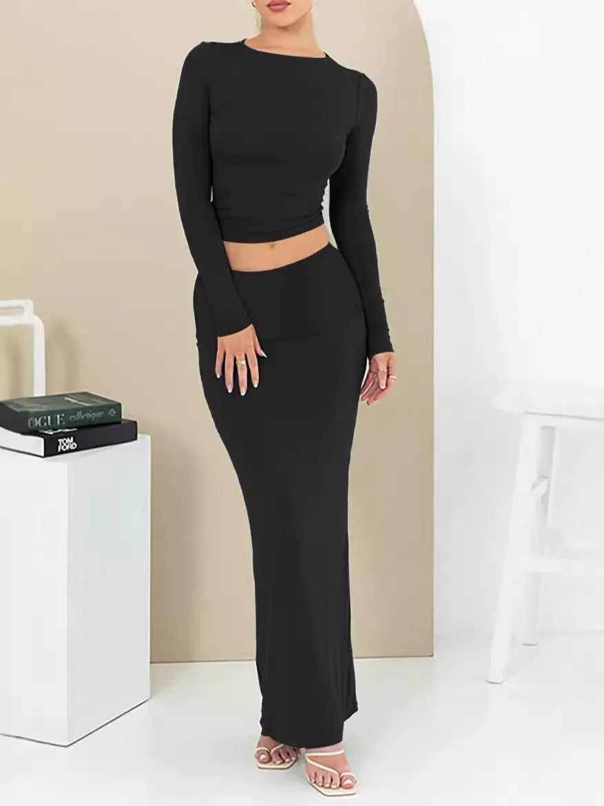 Women's autumn two-piece suit with three-quarter sleeve top and long skirt in pure colour options
