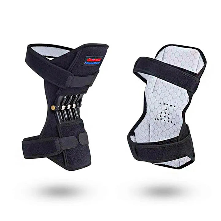 Adjustable knee brace with patella booster spring system in black, blue or green colours
