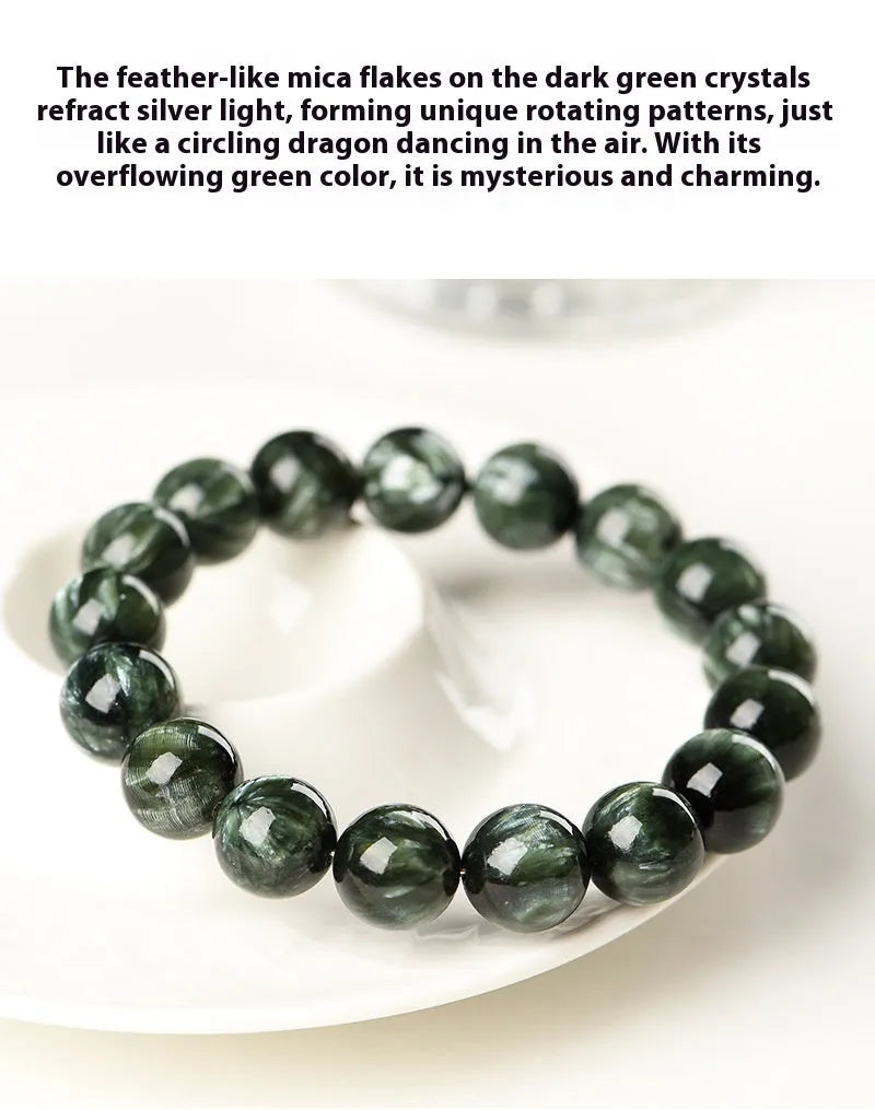 Green dragon crystal bracelet with 8-9mm round beads and ruyi charm on wrist