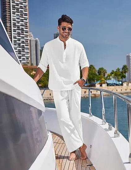 Men's cotton casual trousers suit two-piece set in solid colour with long sleeves