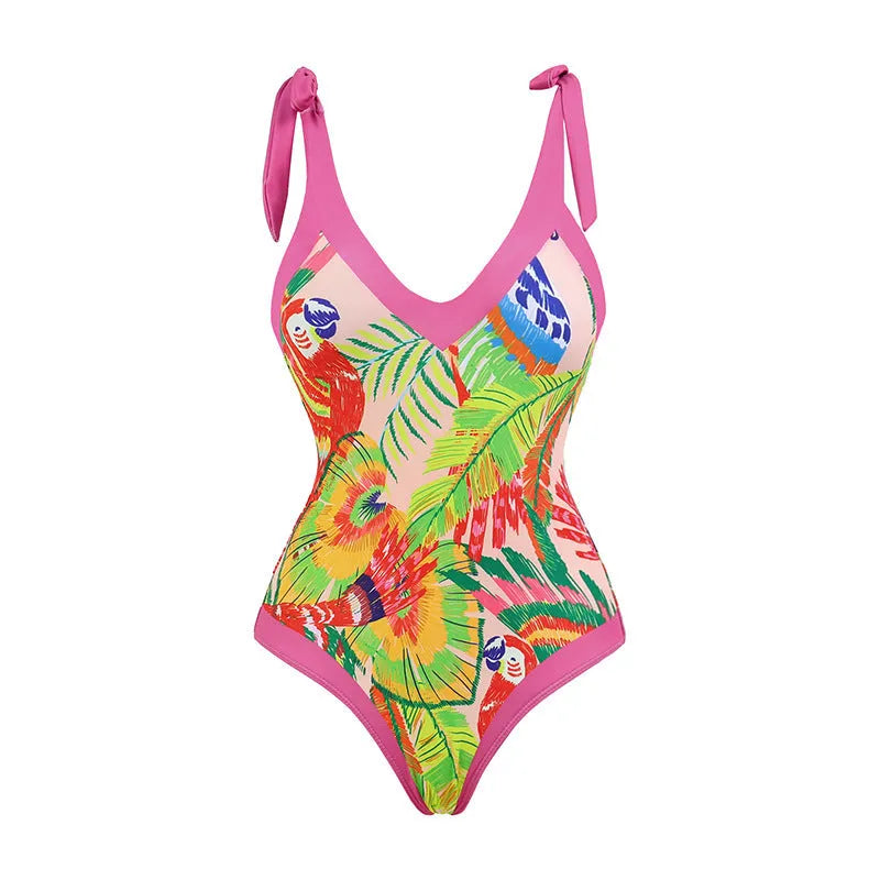 Pink floral print retro women's one-piece swimsuit with V-neck and attached thin skirt