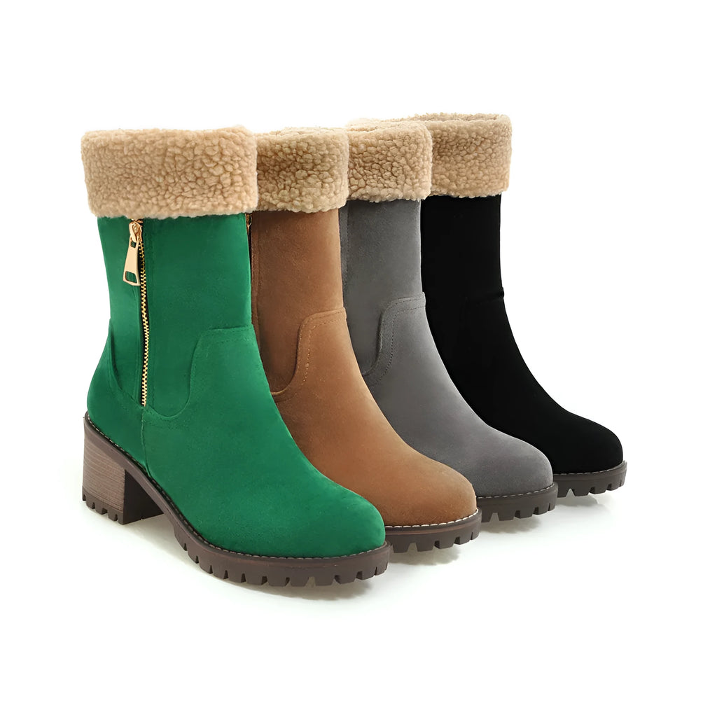 Men's waterproof snow boots with plush lining in black, grey, green, and orange colours
