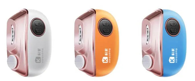 Blue, orange, and white electric nail clipper and polisher tool with USB Type-C cable and cleaning brush.