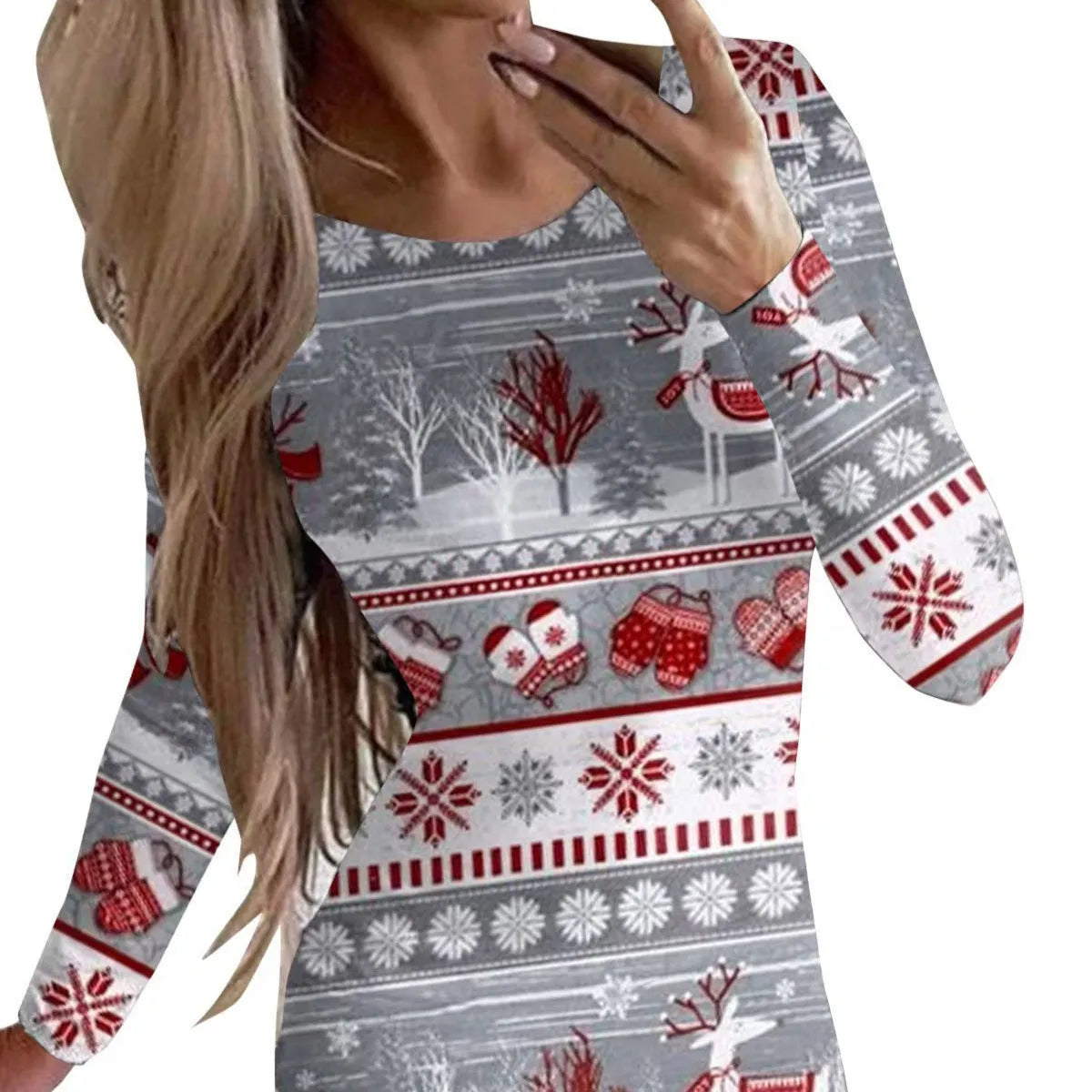 Women's tight-fitting Christmas long sleeve dress with floral animal print, round neck, and short hip skirt.