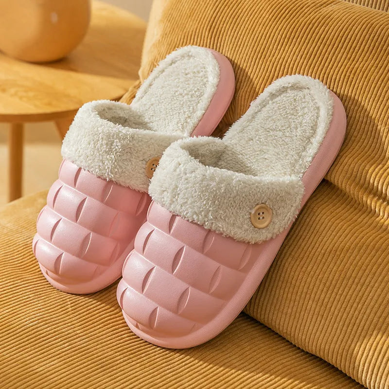 Plaid patterned detachable EVA slippers with plush lining shown in pink, green, yellow, white, grey and black.