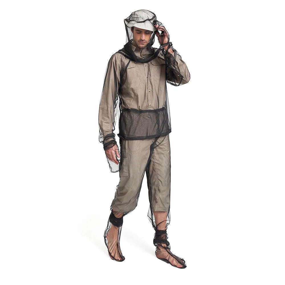 Four-piece anti-mosquito suit set with hooded top, trousers and booties for outdoor protection
