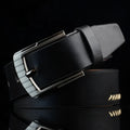 Men's threading pattern belt in black colour with alloy pin buckle fastening showing retro design detail