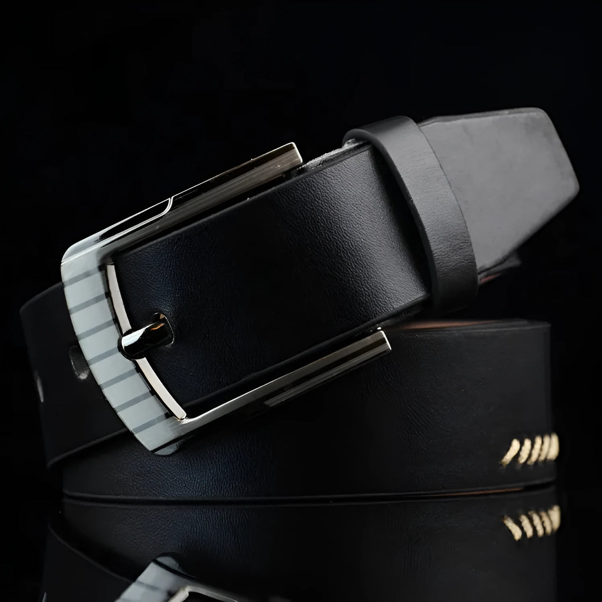 Men's threading pattern belt in black colour with alloy pin buckle fastening showing retro design detail