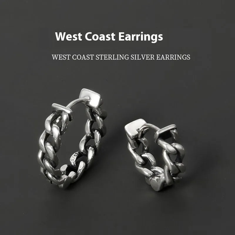 Silver geometric copper stud earrings for men in 10mm and 14mm sizes, shown singly and as a pair.
