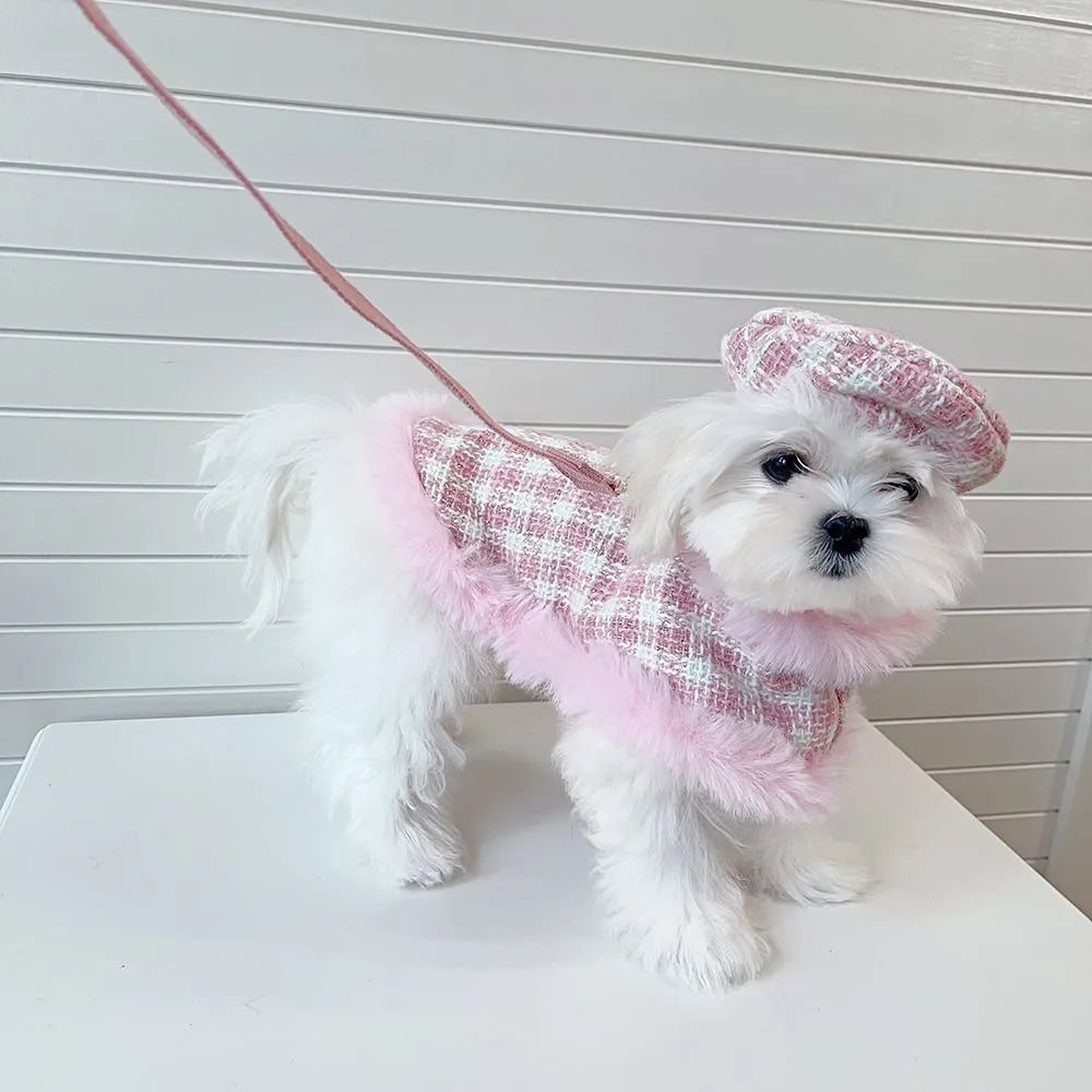 Pink polyester cat clothing set with beret and cape accessories in five sizes