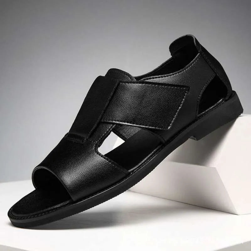 Men's black leather Roman sandals with open-toe design and rubber soles