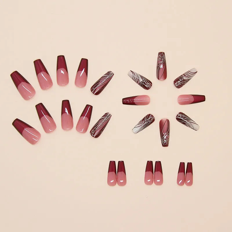French line pattern fake nail stickers ABS plastic 24 pieces with glue