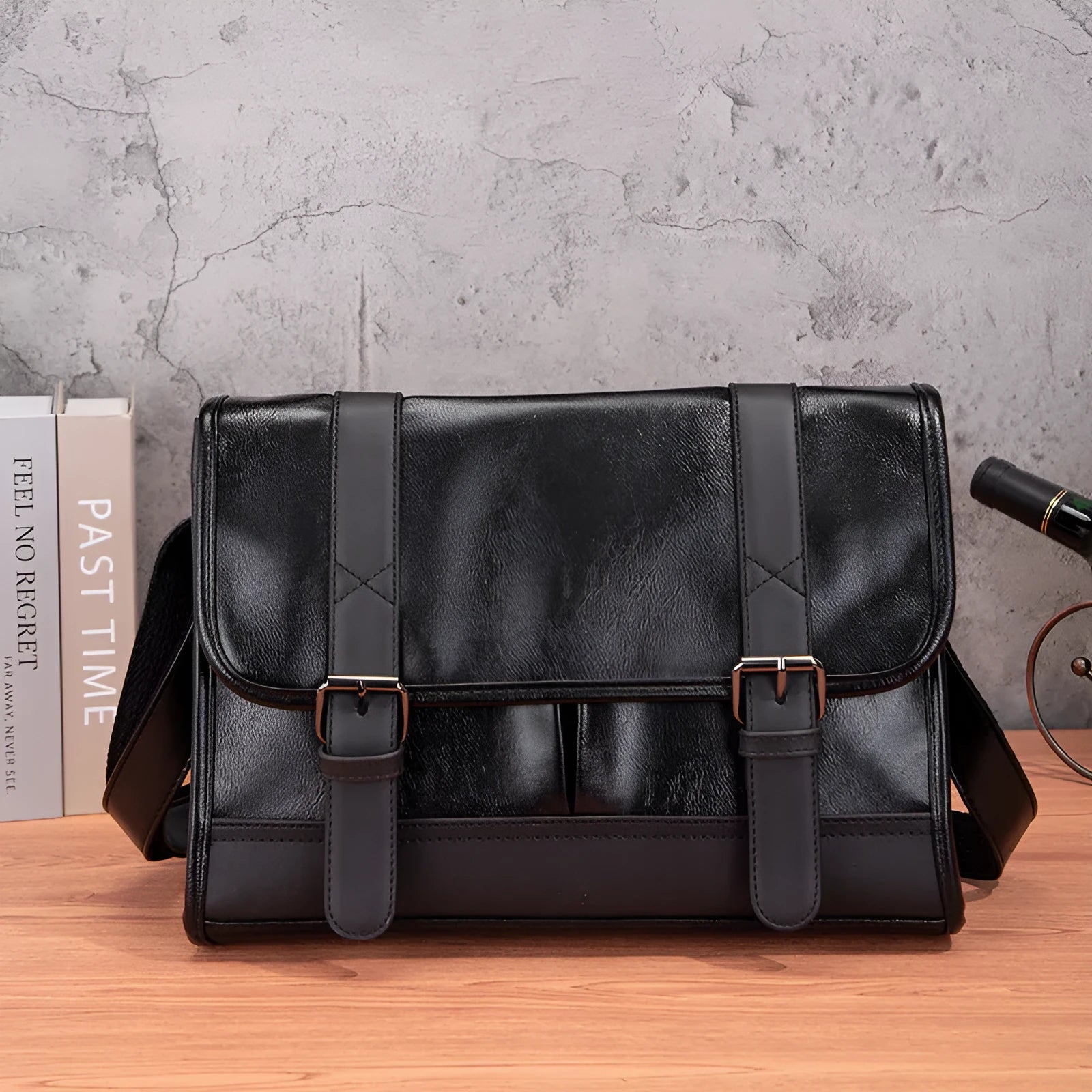 Black Korean style men's commuter backpack with anti-theft features and decorative stitching