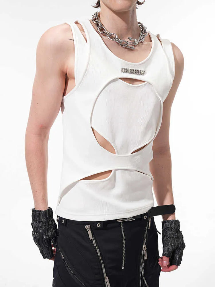 Men's black sleeveless waistcoat vest with hollow knit fabric and round neck collar