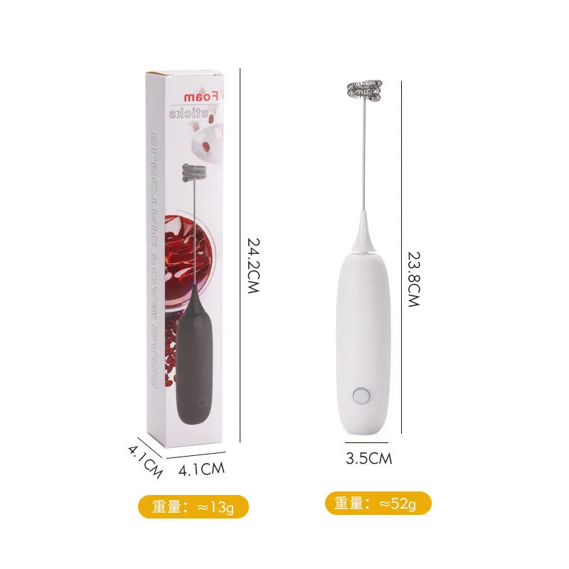 Hand-held electric milk frother blender in black or white colour for coffee preparation