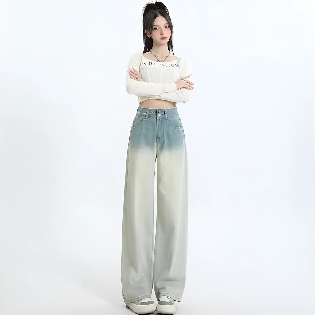 Women's gradient blue straight-leg denim trousers with wide-leg style on hanger