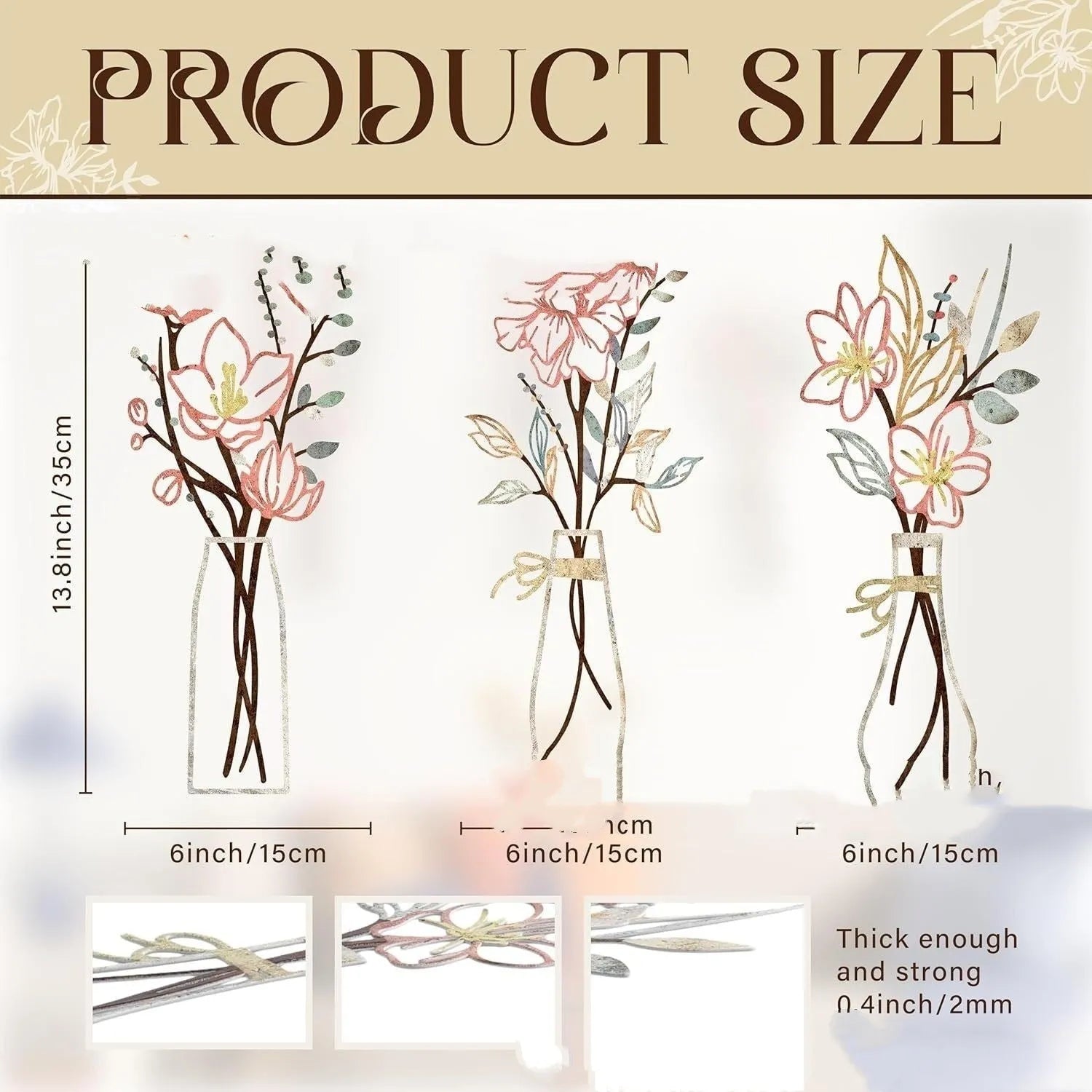 Three metal flower wall art pieces in farmhouse country style with vase designs