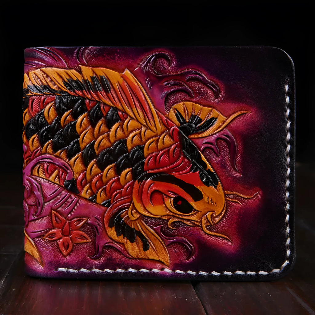 Hand-carved cow leather men's wallet in red colour showing open design and compact dimensions