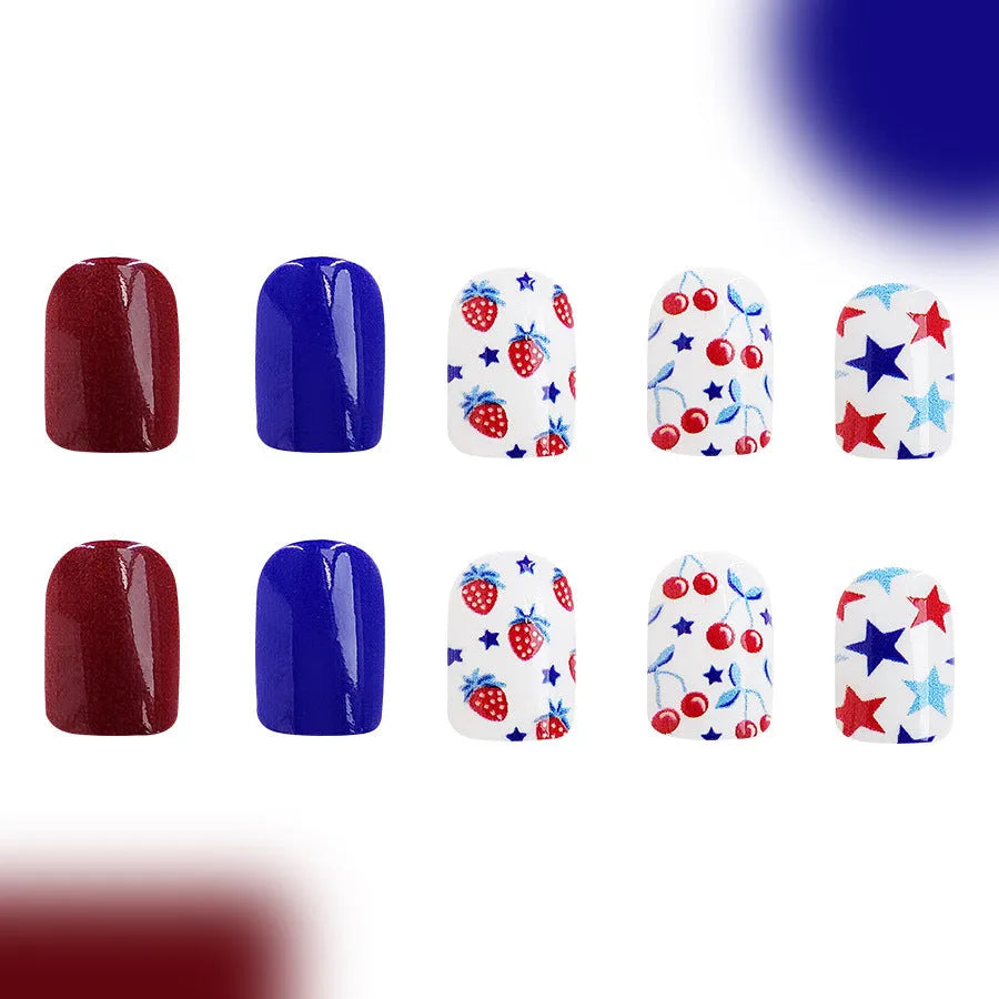 Short glossy red and blue strawberry cherry nail stickers for independence day manicure 24 pieces