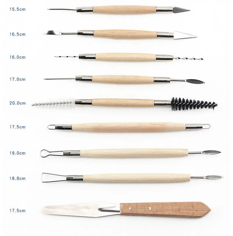 27-piece pottery clay tool set with stainless steel, wood, and plastic instruments for sculpture.
