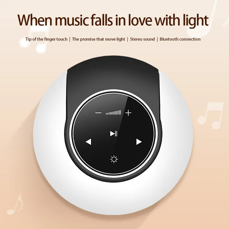 Blue and white Bluetooth desk lamp with speaker, shown folded and unfolded on a wooden desk