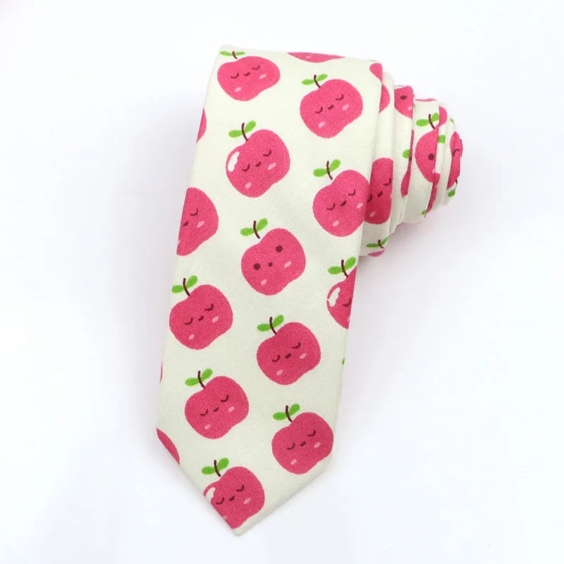 Korean style narrow men's cotton bow tie with a printed cartoon pattern on a white background.