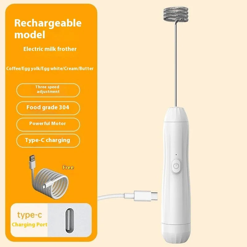 Mini handheld electric milk frother in black, white, and khaki colours with a stainless steel whisk.