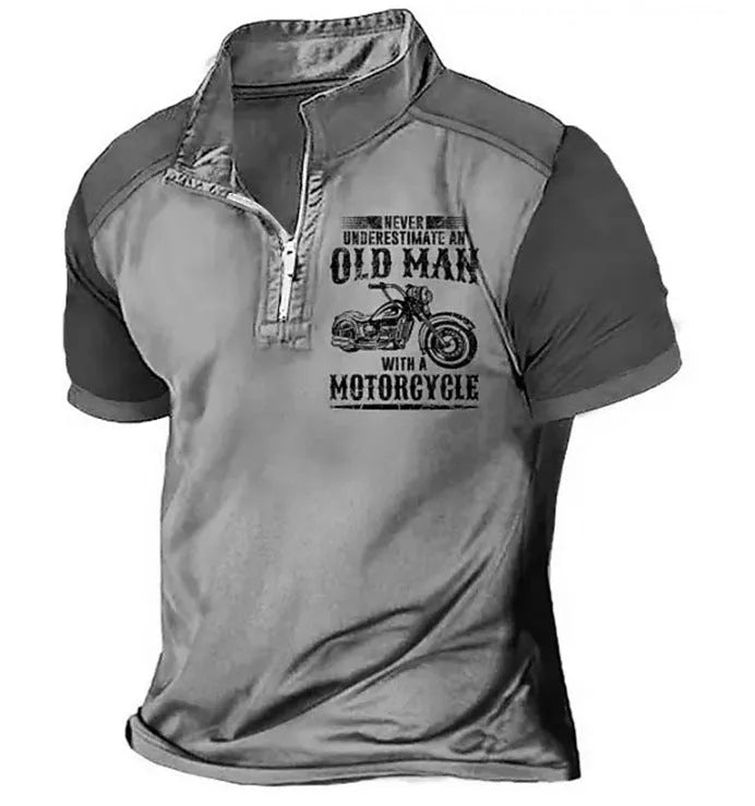 Men's lapel collar polo shirt with digital letter pattern print and zip decorations
