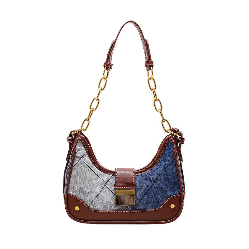 Brown denim women's shoulder bag with diamond chain straps and bucket shape design