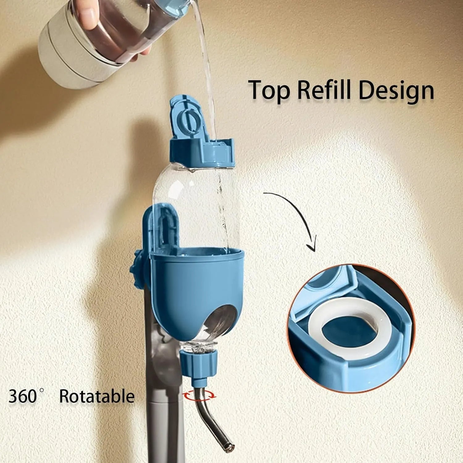 Blue small animal water bottle with rotatable nozzle shown attached to a cage.