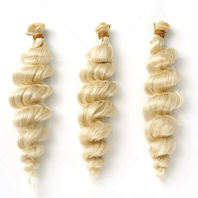 Golden synthetic hair weft wig for women showing three length options on display