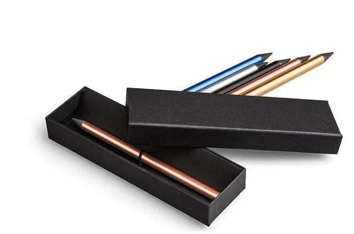Inkless metal pen with alloy steel nib in choice of five colours including silver, gold, rose gold, black, and blue