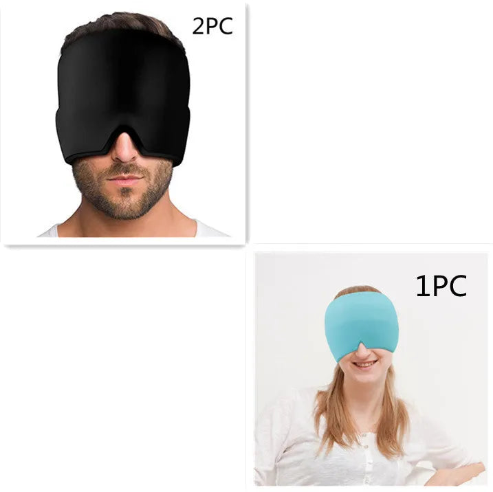 Black elastic cloth gel cooling eye mask for headache relief, shown with adjustable strap.