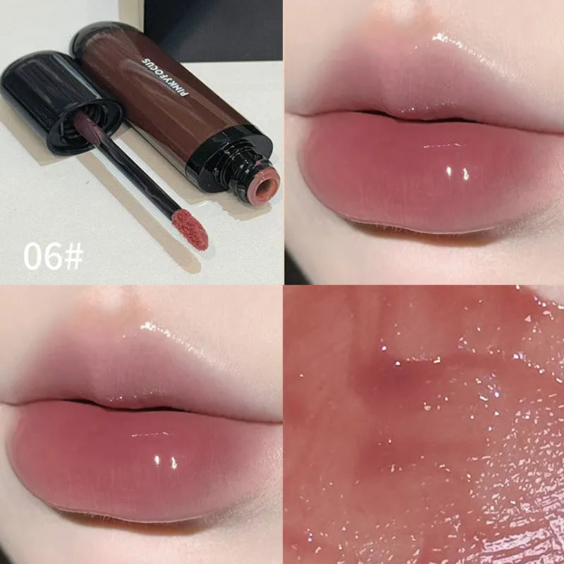 Black shiny Mirror Lip Lacquer tube with six swatches showing matte shades from tomato to sweet potato.