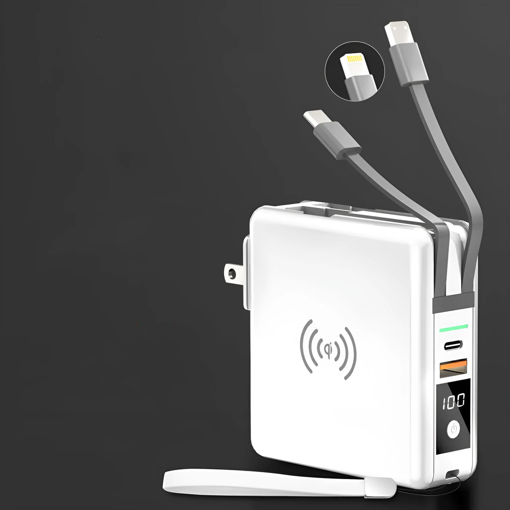 Super QI PD20W wireless power bank with travel adapters in black or white colour