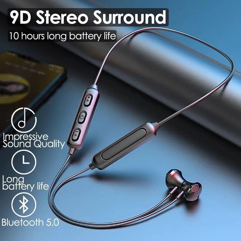 Black neck-mounted wireless Bluetooth sports earphones with custom logo printing area