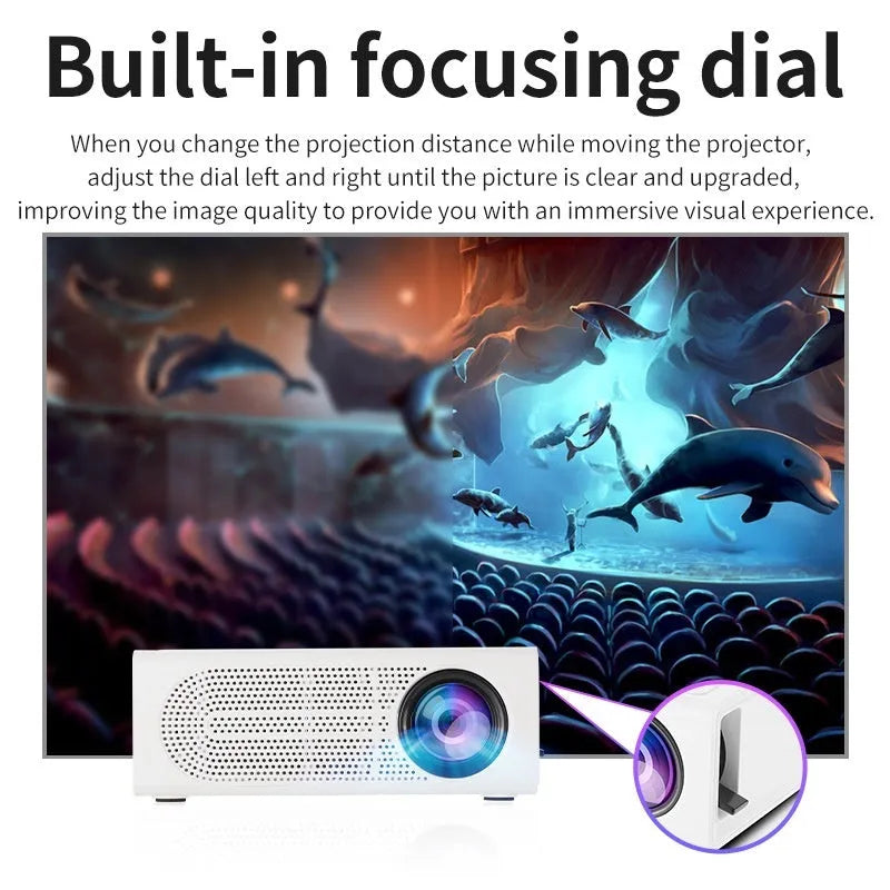 Portable mini projector in black or white colour with mobile phone connection cable