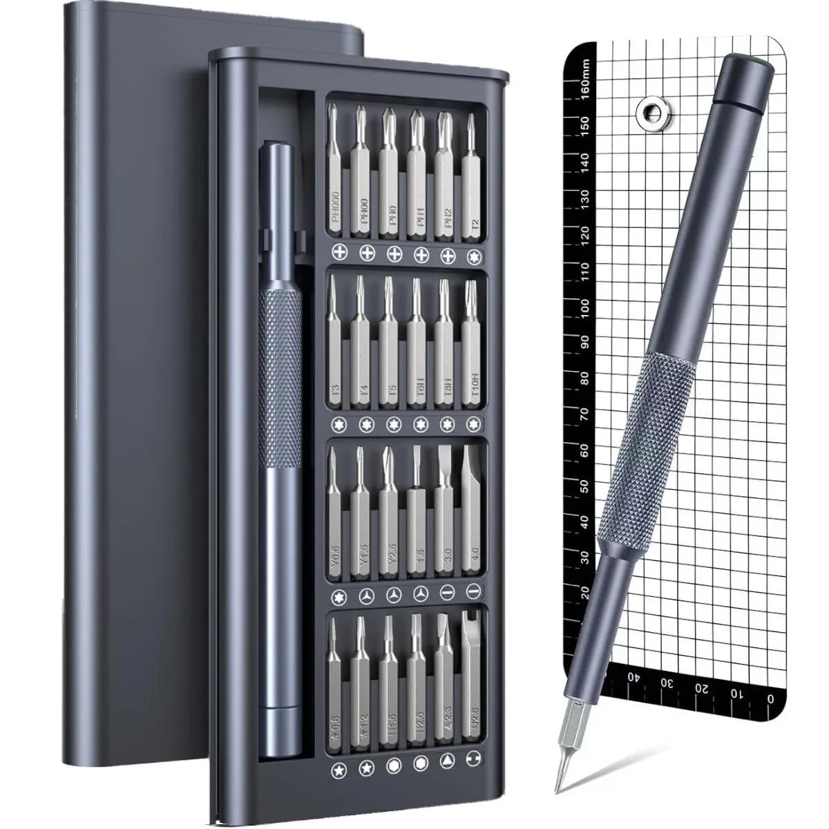 Compact 25-in-one magnetic screwdriver set with knurled handle and bits stored inside.
