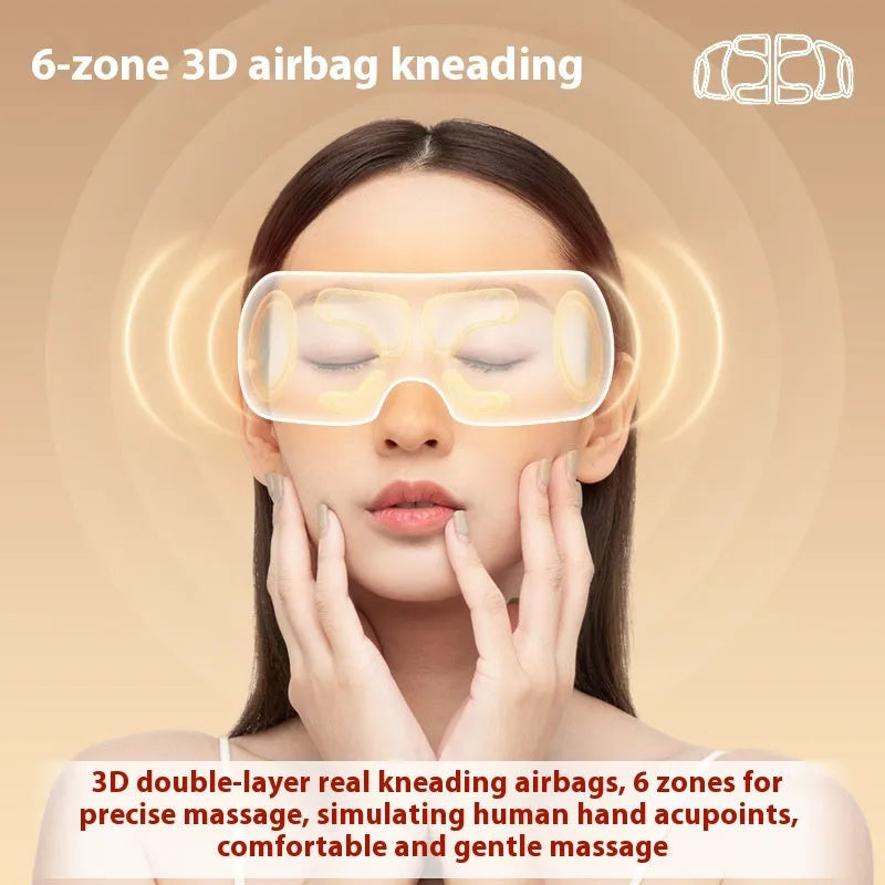 White rechargeable eye massager with airbag compression and heat therapy functions for relieving eye fatigue