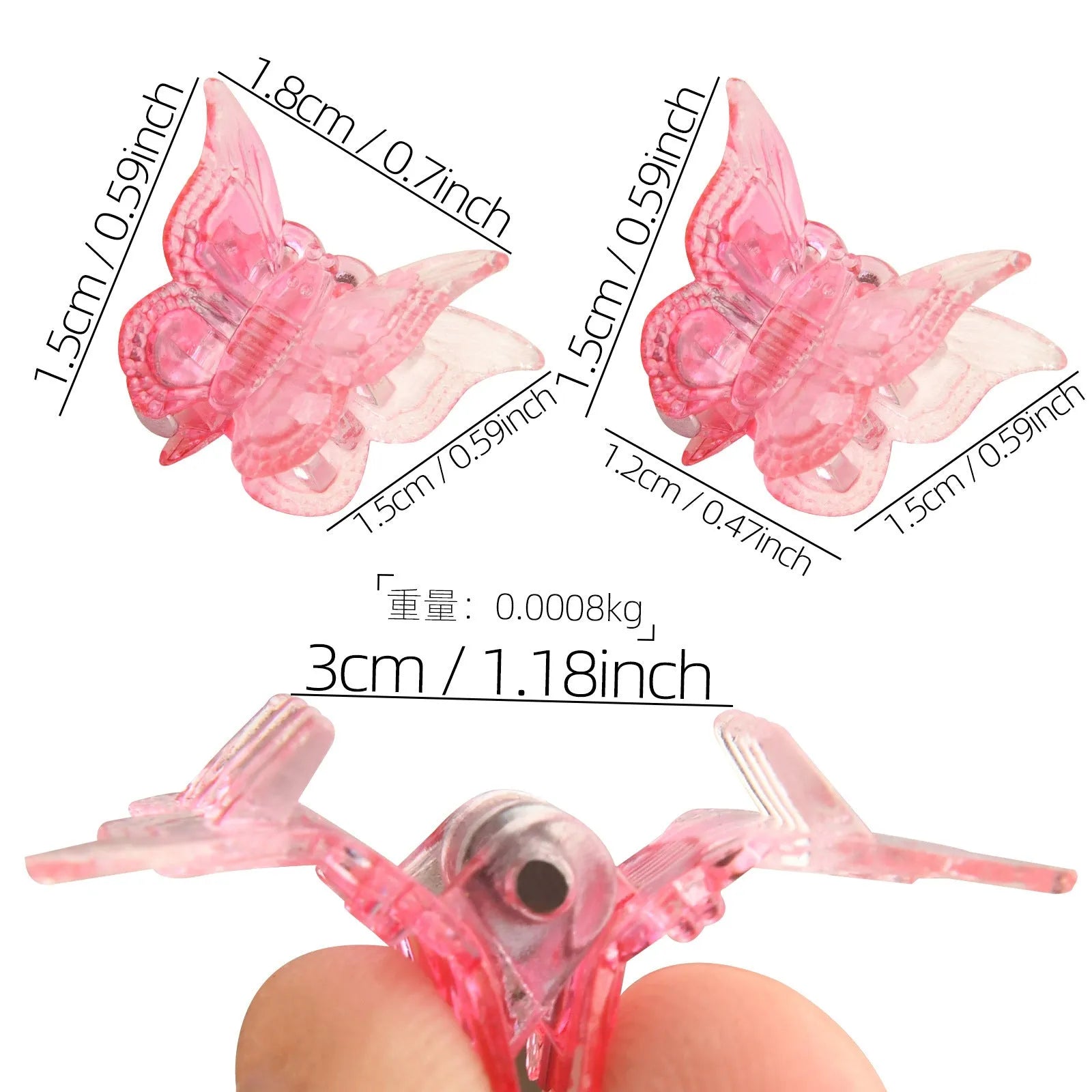 Set of 50 glitter mini butterfly hair claw clips in assorted colours on white background