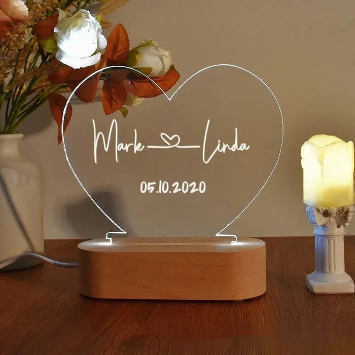 Custom acrylic LED night light with engraved names and date for bedroom