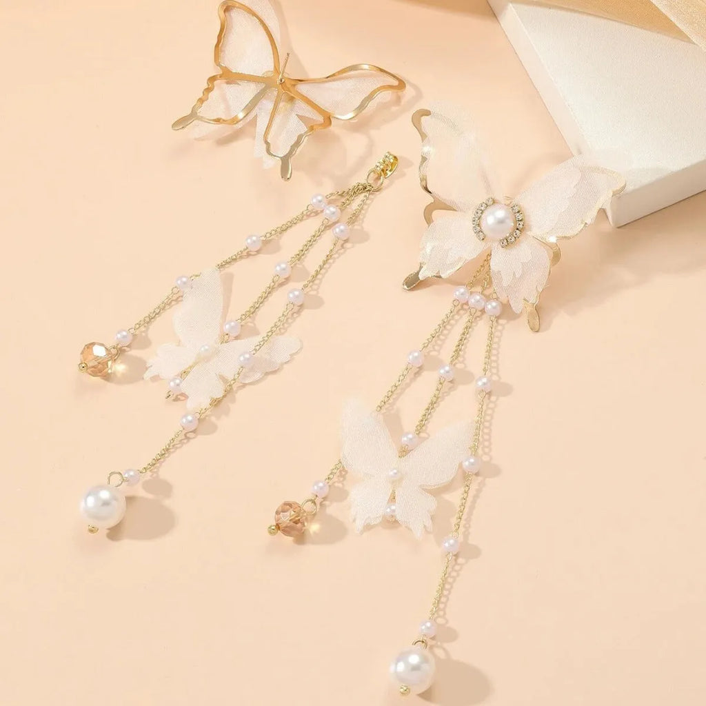 White butterfly drop earrings with tassel lace, pearls and rhinestones on copper alloy