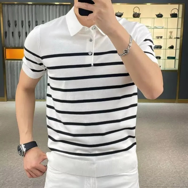 Black and white striped lapel knitted t-shirt pullover on hanger