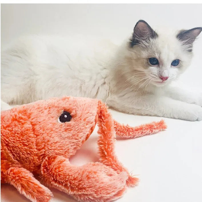Electric jumping shrimp plush lobster cat toy, USB rechargeable, about 35cm, long-haired carved velvet with filling cotton.