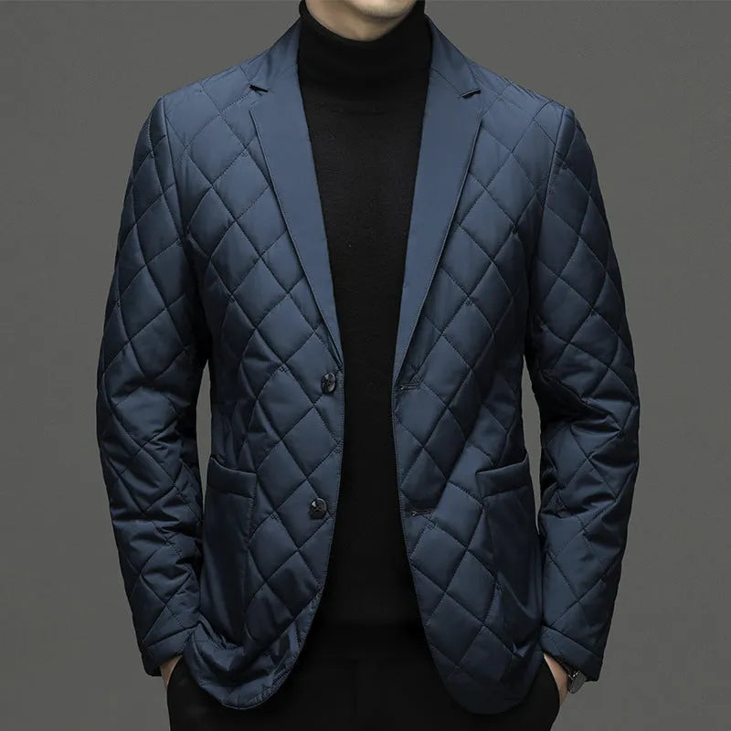 Men's black winter down jacket with lapel collar and side seam pockets